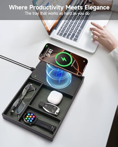 Valet Tray, Built in Wireless Charging Pad, Nightstand Organizer