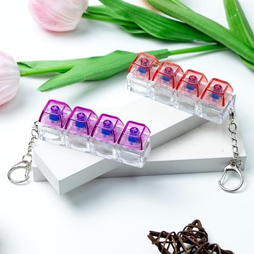 2 PCS Keyboard Fidget Toy, Keyboard Fidget Keychain 4-in-1 Keyboard Decompression Button Finger Clicker Toys, Button Stress Relief Fidget Gifts to Relief Stress (Pink Purple)