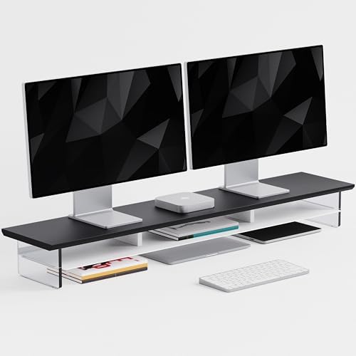FENSULN Dual‑Tier Monitor Stand for Modern Desk Setup – Minimalist Wooden and Metal Riser Shelf with Transparent Acrylic Feet for Dual Monitors, Laptops, Home Office Aesthetic，Black and White