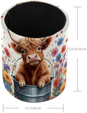 Highland Cow Floral Pen Holder Pencil Organizer Cute Pencil Cup Desk Decor Makeup Brush Holder PU Multifunctional Office Supplies for Home Classroom School