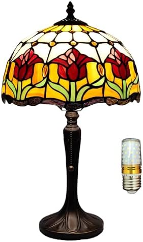 Tiffany Table Lamp Red Tulip Style Stained Glass Lamp 12 Inches Antique Desk Light for Home Office Bedroom Bedside Nightstand Living Room,Include LED Bulb