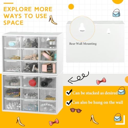 Wenqik 2 Pcs Mini Storage Drawers with 9 Clear Drawers, White
