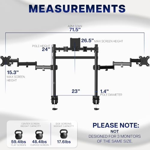 VIVO Clamp-on Dual Pole Triple Monitor Desk Mount for 1 Center Utrawide up to 49 inches and 59.4 lbs, 2 Side Screens up to 38 inches and 17.6 lbs, Low Profile Adjustable Stand, Black, STAND-V300CU