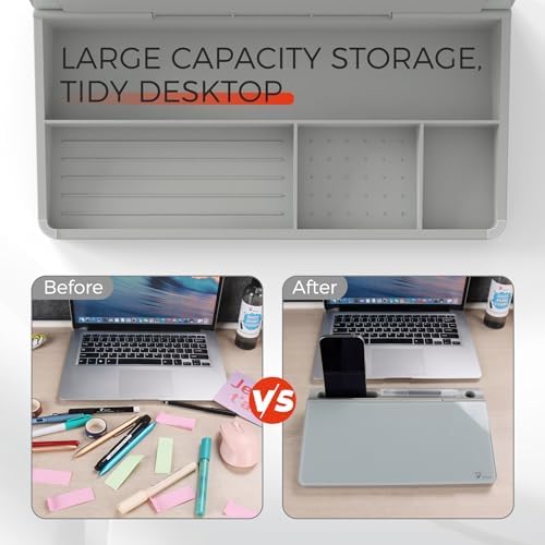 TOWON Compact Glass Desktop Whiteboard with Storage 12x7 in, Gray