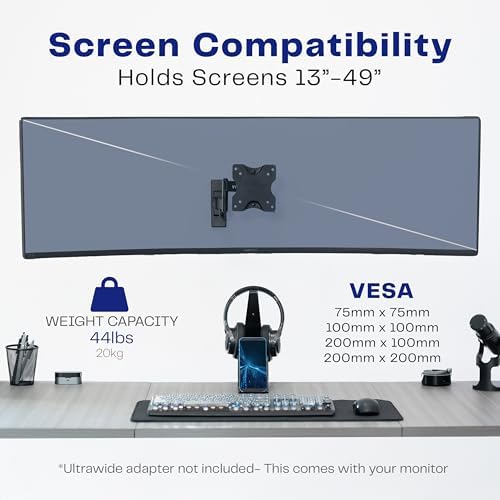 VIVO Full Motion Ultrawide Monitor Wall Mount, Fits Ultra-Wide Screens up to 49 inches and 44 lbs, Wide VESA Range with Tilt and Swivel, Black, MOUNT-VW06