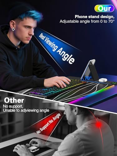 Mouse Pad with Foldable Phone Holder & Wireless Charger, XXL RGB Gaming Mousepad 31.5"x15.8" Large Desk Mat for Keyboard, Black Desk Pad with Dual Qi Charging Station | 11 Colors 5 Modes | Waterproof