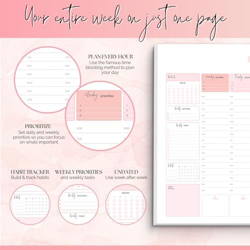 Weekly Hourly Planner Notepad, Daily Planner Desk Pad, Weekly Schedule, To Do List Note Pad, ADHD Planner | 50 Undated Tear Away Sheets | A4 (Pink)