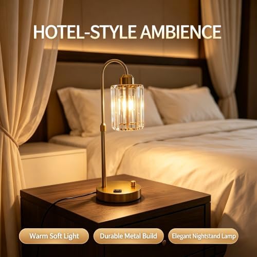 Gold Crystal Table Lamp, Adjustable Height Dimmable Desk Lamp with USB Charging Port and AC Outlet, Polished Metal Base for Bedroom Living Room