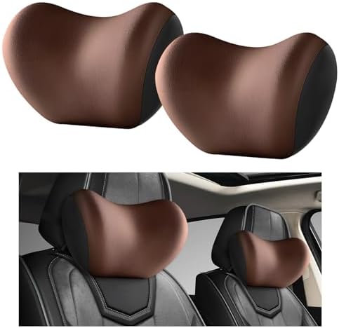 2 PCS Car Headrest Cushion, Ergonomic Memory Foam Car Neck Back Support w/Removable Cover, Universal Breathable Lumbar Cushion Headrest Pillow with Adjusatble Strap (Coffee)