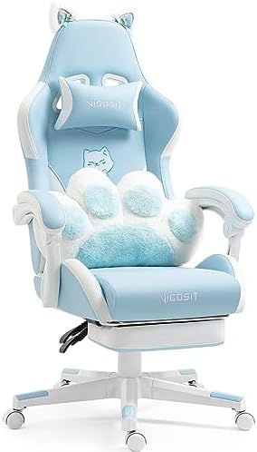 Gaming Chair, Cute Cat Gaming Chairs with Paw Lumbar Cushion for Girls, Video Gamer Chair with Footrest for Girl Teen Woman (Blue-A)