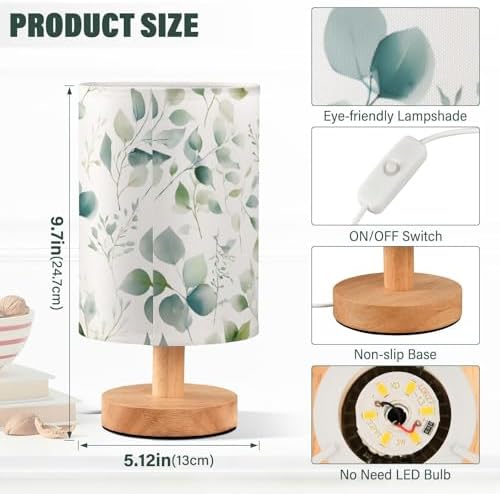 ALAZA Eucalyptus Leaves White Bedside Table Lamp with USB Port for Bedroom Nightstand Office Desk LED Bulb Included