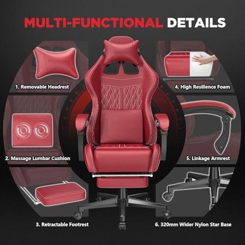 Ferghana Vintage PU Leather Gaming Chair, High Back Gamer Chair with Massage, Ergonomic Computer Office Chair with Footrest for Adults, Racing Style Reclining Video Game Chair Bright Red