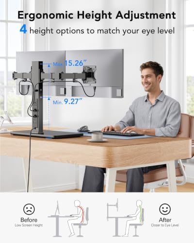 HUANUO Dual Monitor Mount with Power Outlet, Computer Monitor Stand with Sturdy Glass Base, Full Motion Dual Monitor Stand with Adjustable Height, Supports 13″-32″ Displays up to 22 lbs, Easy Setup