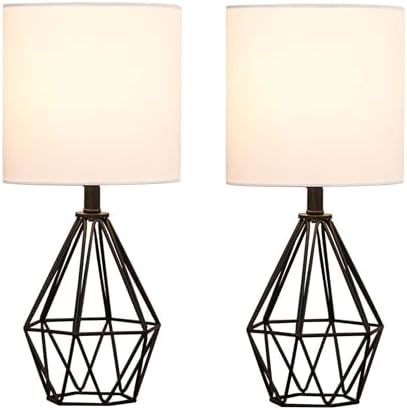 Small Table Lamp Set of 2 Black, Bedside Lamps with White Fabric Shade, Cute Desk Lamp with Metal Cage & Linen Lampshade, Modern Nightstand Lamp for Bedroom, Living Room, Kids Room, Office