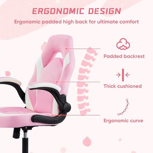 NEWBULIG Gaming Office Computer Chair – Ergonomic Mid-Back with Flip-Up Armrests, Adjustable Height, Lumbar Support & 360° Silent Swivel Wheels, PU Leather for Home/Office, Pink
