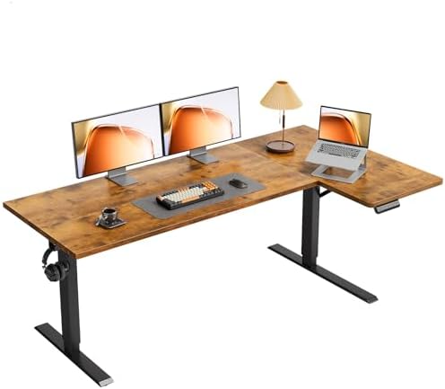 OffiGo 63 Inch Reversible L Shaped Electric Standing Desk, Rustic Brown