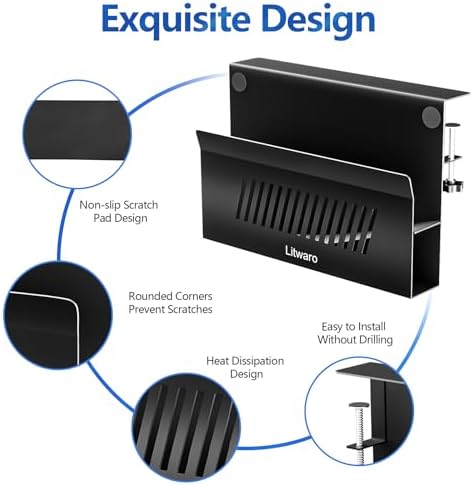 Litwaro Desk Side Storage, No Drill Laptop Holder with Magnetic Pen Holder, Clamp on Laptop Mount with Sticky Headphone Stand, Hanging Organizer for Office, Fits Flat Table Edge 0.4" to 2" (Black)