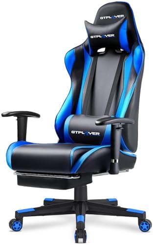 GTPLAYER Gaming Chair with Footrest, Ergonomic Computer Game Desk Chair, Reclining Gamer Chair Seat Height Adjustment, Swivel Rocker with Headrest and Lumbar (Blue)