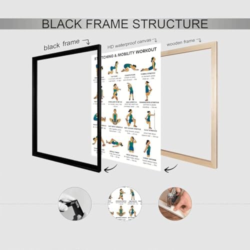 Stretching & Mobility Workout Poster, 16 Illustrated Full-Body Flexibility Chart with Hold Timing Guides, Bodyweight Daily Stretch Reference for Post-Workout Recovery & Joint Mobility Improvement(20x30inchs，Black Framed)