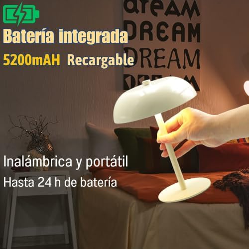 Cordless LED Mushroom Table Lamp, 5200mAh Battery, Dimmable 3 Color, White