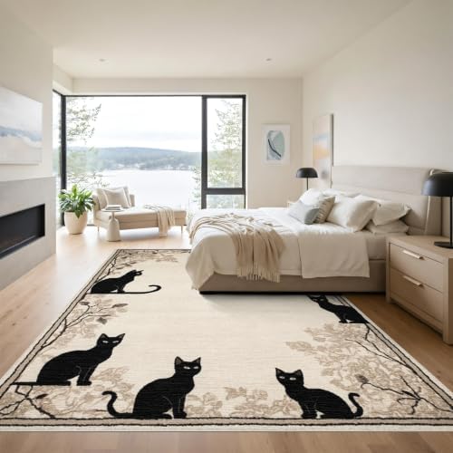 9'x12' Black Cat Taupe Design with Motifs Washable Area Rug