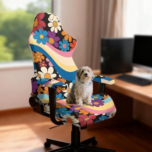 Hippie Flower Gaming Chair Covers Anti-Slip Gamer Chair Seat Cover Stretch Fit Office Computer Armchair Slipcover for Reclining Racing Gaming Chairs
