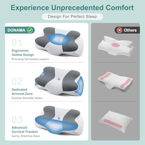 DONAMA Cervical Pillow for Sleeping, Contour Memory Foam Pillow for Neck and Shoulder Support, Ergonomic Neck Pillow for Side Back Stomach Sleepers, Bed Pillows with Cooling Pillowcase