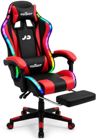 Redeer Led RGB Gaming Chair with Speakers Massage & Footrest, Reclining Gamer Chair for Adults, Video Game Chairs with Canopy, Heavy Duty Gaming Chair Massage, 350LBS RED