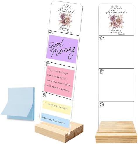 Sticky Note Holder, Monitor Memo Board, Acrylic Post It Note Holder with Wooden Base, Includes 100 Notes, Desk Organizer, Christian Quote “The Lord is My Shepherd I Shall Not Want” Floral