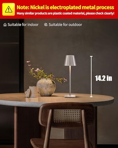 KDG 2 Pack Cordless Brushed Nickel Table Lamps, Portable LED Desk Lamp