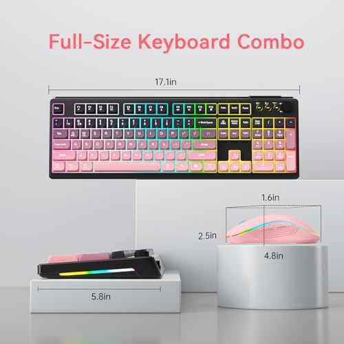 Wireless Keyboard and Mouse Combo, RGB Backlit Rechargeable 2000 mAh Battery, Wireless Computer Keyboards, Tri-Mode Bluetooth/2.4GHz/USB-C Custom Creamy Keyboard, RGB Backlit Media Knob (White-Pink)