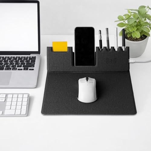 Mouse Pad with Phone Holder & Pen Holders, Wireless Charging Desk Mat, Mousepad Home Office Desk Pad with Ultra-Smooth Surface, Non-Slip Base, Waterproof Keyboard Pad, Classic Black Desk Mat
