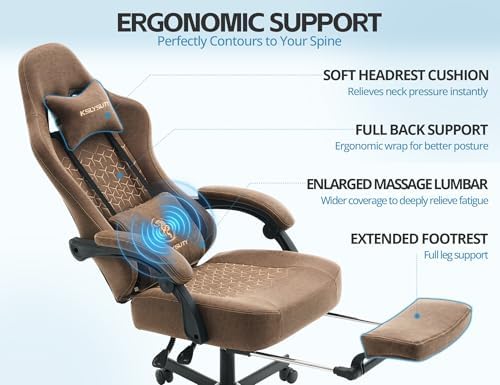 Office Chair for Home Office, Ergonomic Wide Seat Desk Chair with Pocket Spring Cushion, Breathable Leather Gaming Chair with Adjustable Headrest and Retractable Footrest，Brown