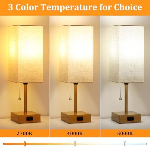 Table Lamp for Bedroom set of 2,3-Color Bedside Lamps with Pull Chain Gold