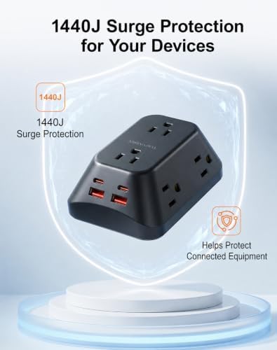 Desk Clamp Power Strip, 6 AC, 2 USB-C & 2 USB-A, 1440J, 6FT Cord