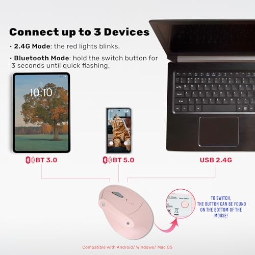 J-Tech Digital Wireless Mouse, Vertical Ergonomic Mouse with 2.4G Wireless & Bluetooth for 3 Multi-Device Function, Adjustable DPI Modes, Compatible with PC, Mac, Laptop - Pink