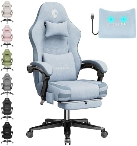 Gaming Chair, Fabric Computer Office Chair with Massage, Ergonomic Chair with Footrest Lumbar Support, Pocket Spring Widened Cushion Metal Legs 350LBS Blue