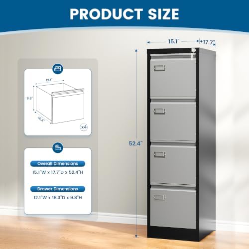PEUKC 4 Drawer File Cabinet, Vertical Filing Cabinets with Lock, Metal File Cabinets for Home Office, Anti-Tip 4 Storage Drawers for Letter/Legal/A4/F4 Size (Assemble Required, Black)