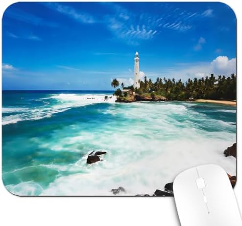 9.5x7.9 Inch Office/Gaming Mouse Pad, Ocean Lighthouse Tropical Island Turquoise Sea Waves Rocks Beach Seaside, Cute Anti-Slip Mat for Desk Decor