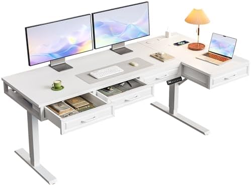 OffiGo 63 Inch L Shaped Standing Desk with 4 Wooden Drawers, White