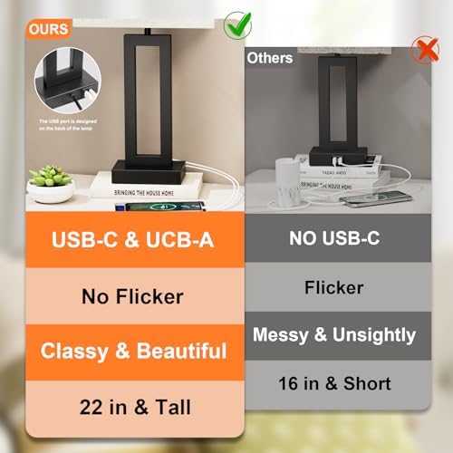 Seealle 22" Tall Living Room Lamps for Night Stands - Touch Bedside Lamp with USB C+A, 3 Way Dimmable Bedroom Lamps for End Tables Set of 2, Modern Night Stand Lamps for Bed Side(Cream&Black)