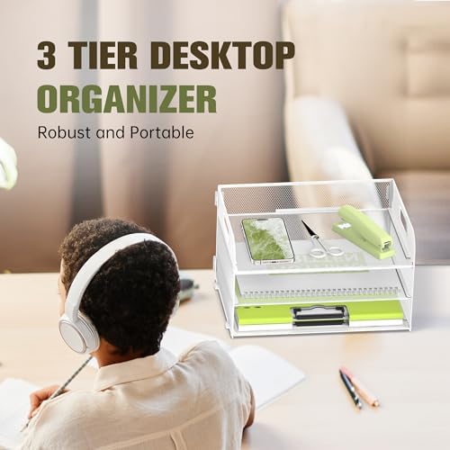 DALTACK 3 Tier Paper Organizer for Desk, Sliding Paper Trays, White