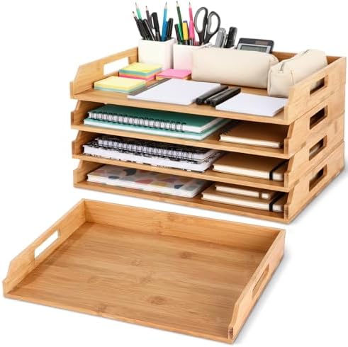 AceOrbit 4 Pcs Stackable Paper Tray Bamboo Wood Desk Organizer Letter Tray