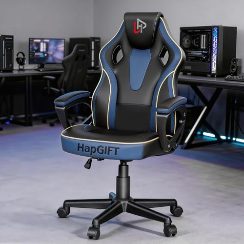 HapGIFT Gaming Chair for Adults, PU Leather Computer Gaming Chair with Link Armrest, Racing Style Gamer Chair, Height Adujustable Ergonomic Swivel PC Office Chair for Home, 300lbs (BLACK BLUE)