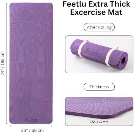 Extra Thick 12mm Exercise Mat, 74" x 26", Non-Slip with a Yoga Strap