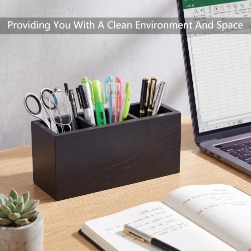 Wood Pen Holder for Desk with 3 Slots (Ash Black)