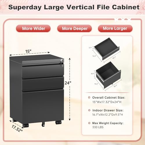 Superday Black File Cabinet 3 Drawer, Fully Assemble Metal Rolling Vertical Filing Cabinet with Wheels, Small Under Desk File Cabinets for Home Office