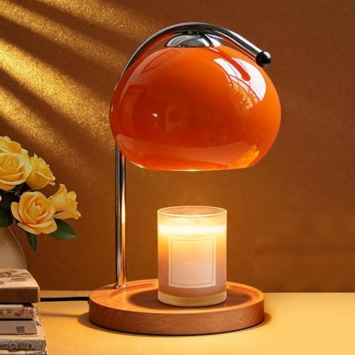 Topyond Aroma Wax Melting Lamp, Retro Wood Glass Candle Warmer，Orange Red