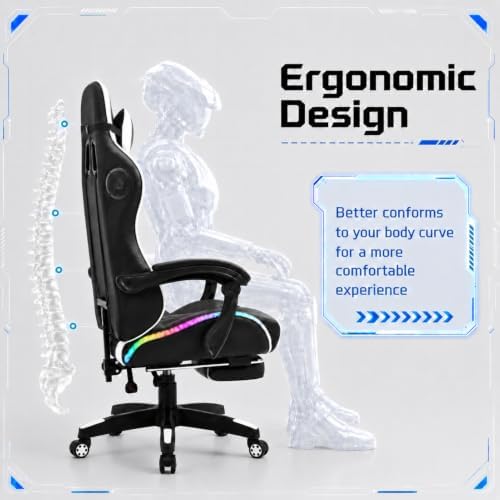 Redeer Led RGB Gaming Chair with Speakers Massage & Footrest, Reclining Gamer Chair for Adults, Video Game Chairs with Canopy, Heavy Duty Gaming Chair Massage, 350LBS White