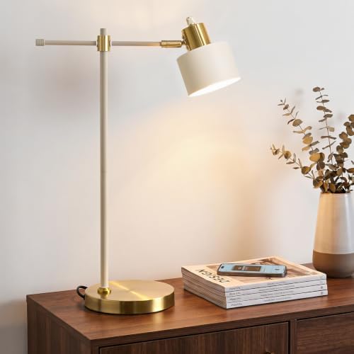 OYEARS 22.2" Modern Desk Lamp, Metal Table Lamp with LED Bulb, Adjustable Reading Lamps for Living Room, Mid Century Nightstand Lamp for Home Office, Industrial Bedside Lamps, Cream and Gold